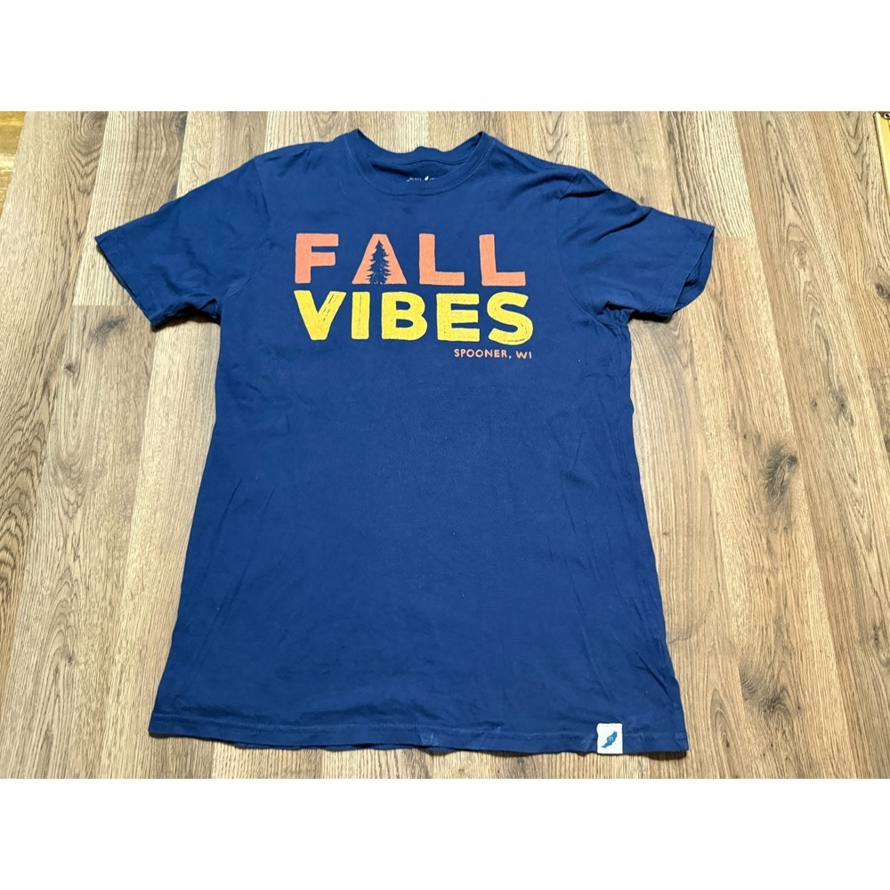 Unwind League Shirt Mens Small Blue Orange Yellow Fall Vibes Spooner, WI Unwind